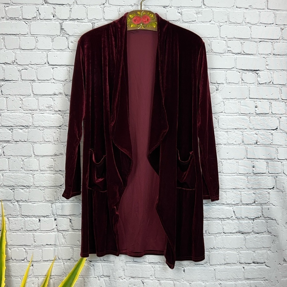 FUTURINO Burgundy Velour Waterfall Cardigan Open Front Pockets Size M - Picture 5 of 6